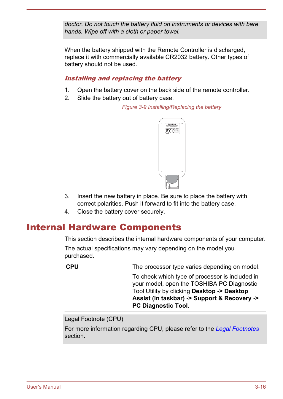 Internal hardware components, Internal hardware components -16, Installing and replacing the battery | Toshiba Satellite P850 User Manual | Page 56 / 165