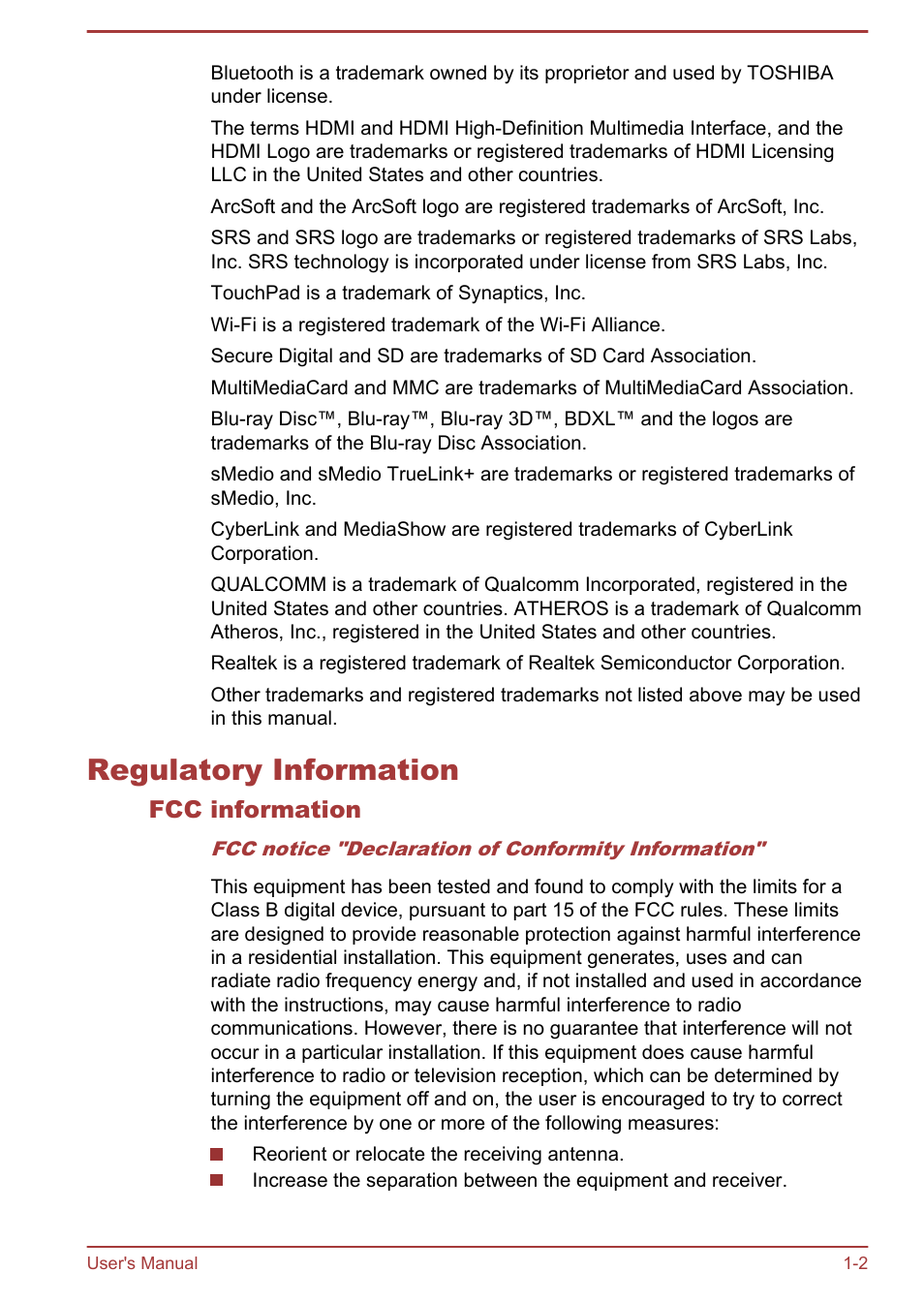 Regulatory information, Fcc information, Regulatory information -2 | Toshiba Satellite P850 User Manual | Page 6 / 165