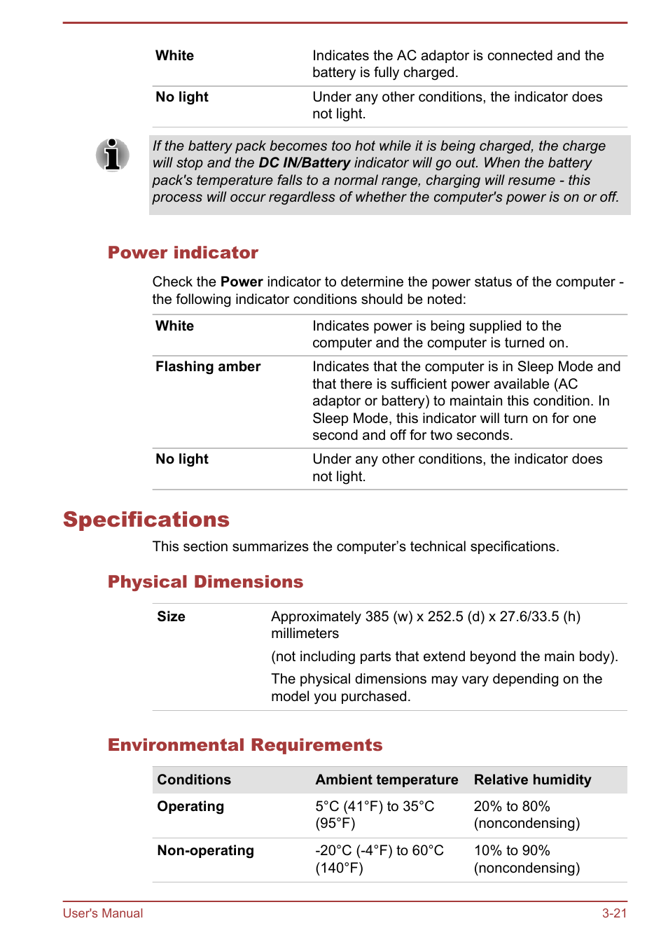 Power indicator, Specifications, Physical dimensions | Environmental requirements, Specifications -21 | Toshiba Satellite P850 User Manual | Page 61 / 165