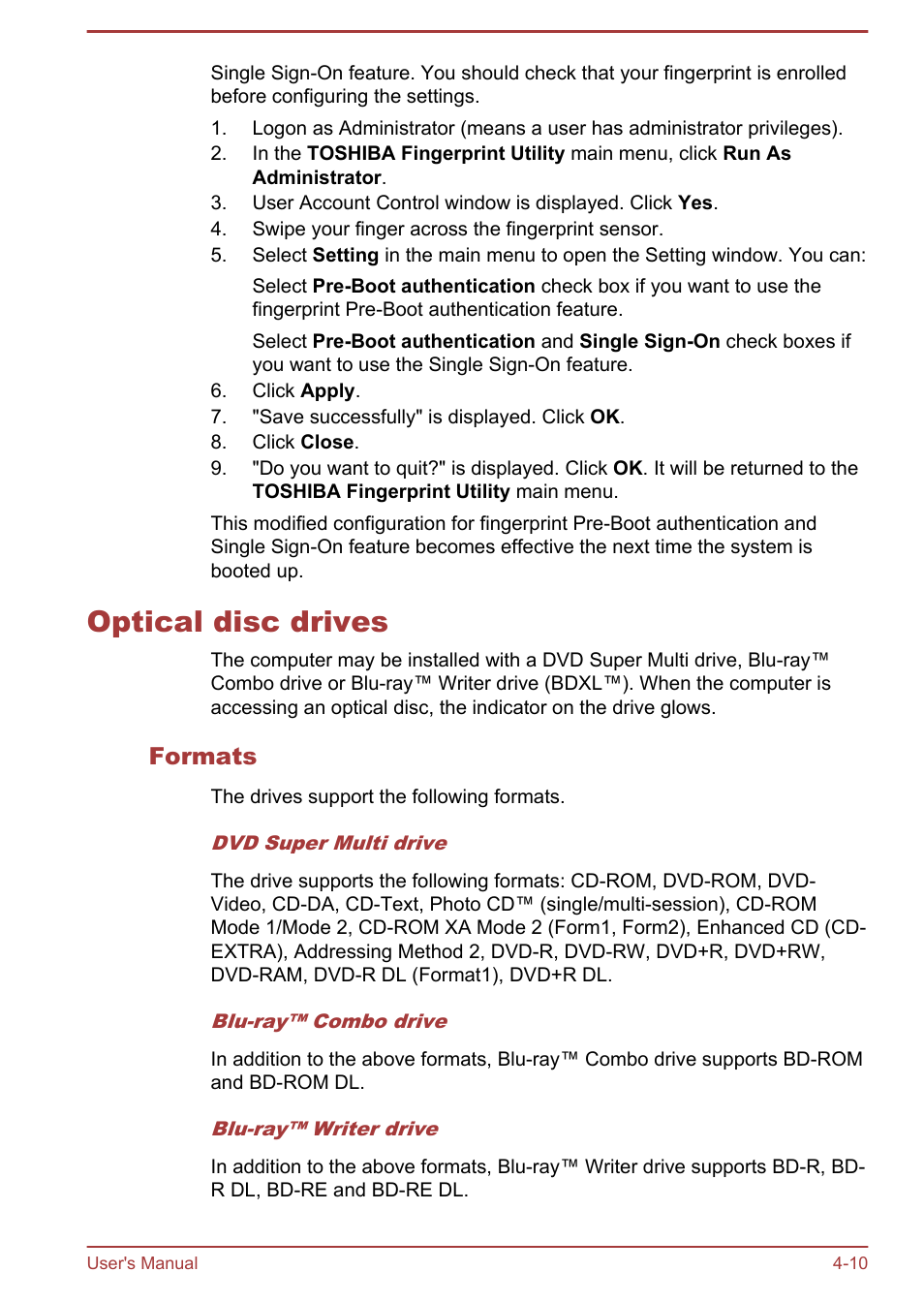 Optical disc drives, Formats, Optical disc drives -10 | Toshiba Satellite P850 User Manual | Page 74 / 165