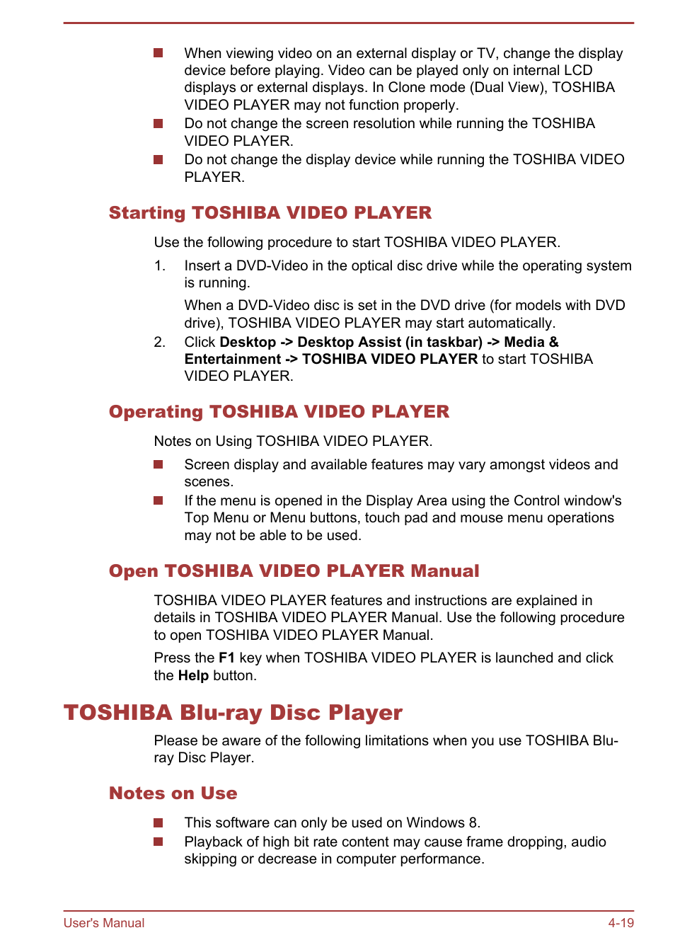 Starting toshiba video player, Operating toshiba video player, Open toshiba video player manual | Toshiba blu-ray disc player, Notes on use, Toshiba blu-ray disc player -19 | Toshiba Satellite P850 User Manual | Page 83 / 165