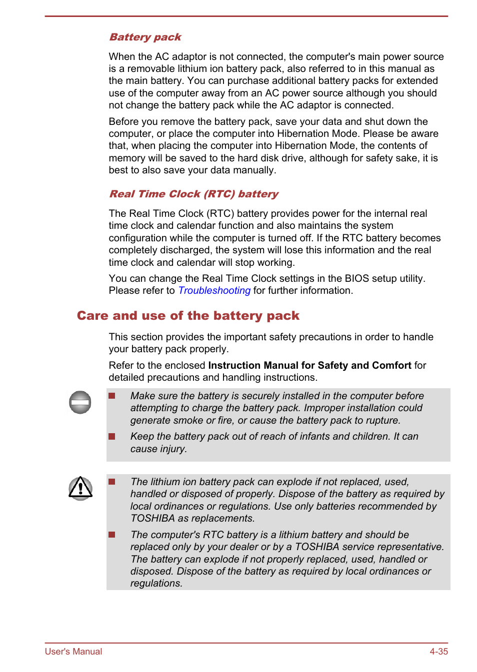 Care and use of the battery pack | Toshiba Satellite P850 User Manual | Page 99 / 165