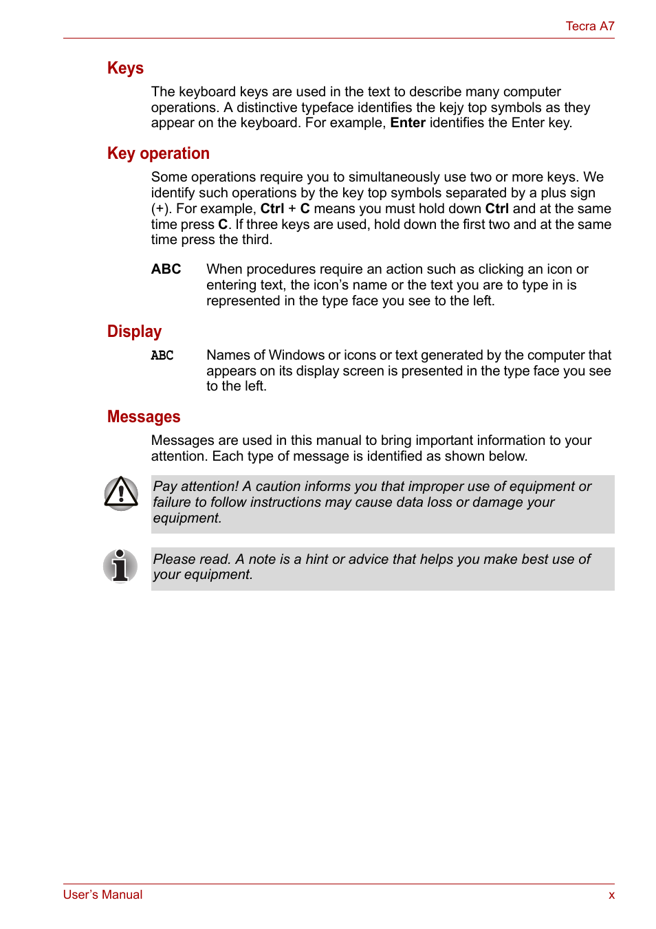 Keys, Key operation, Display | Messages | Toshiba Tecra A7 User Manual | Page 10 / 186