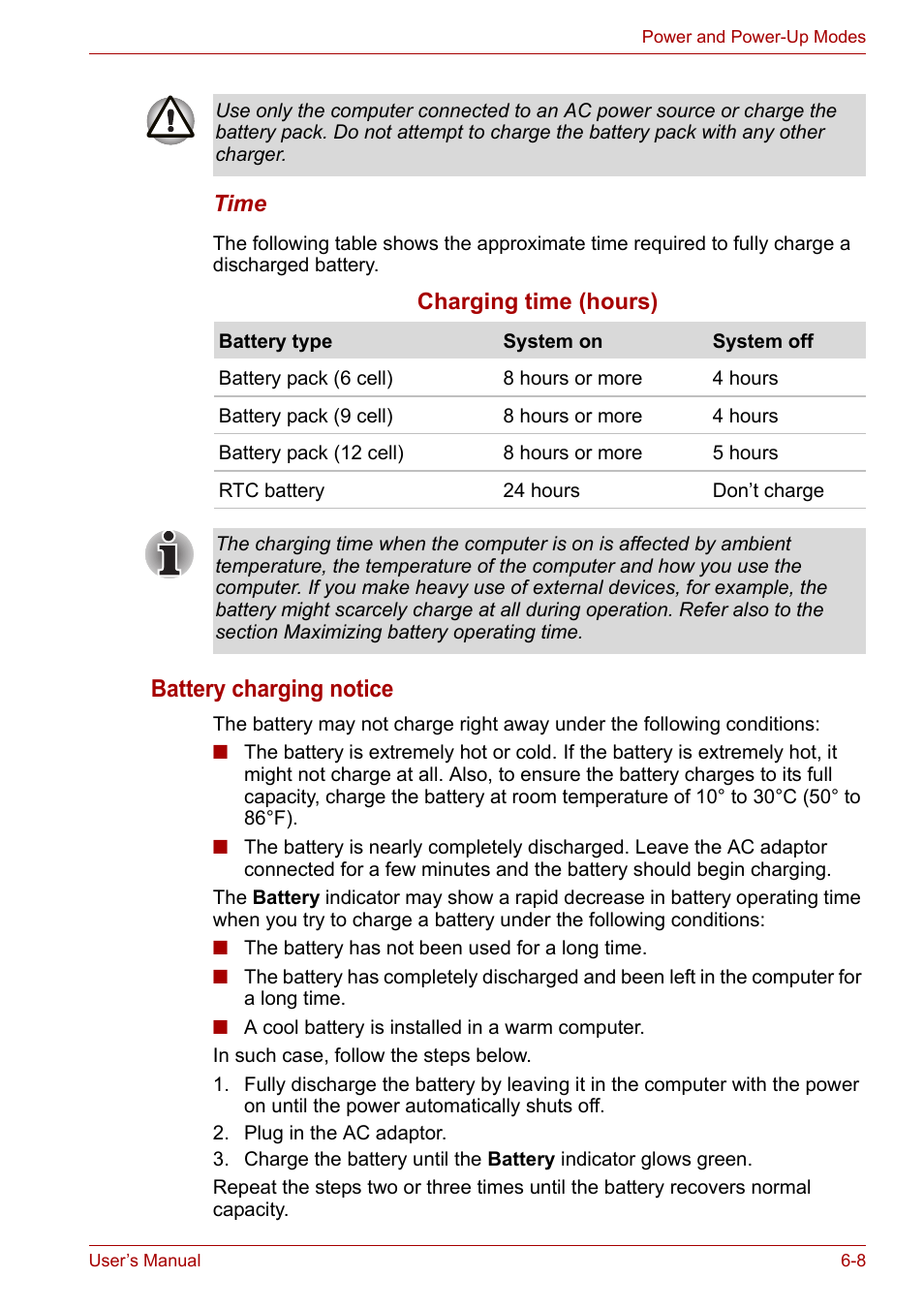Battery charging notice | Toshiba Tecra A7 User Manual | Page 100 / 186