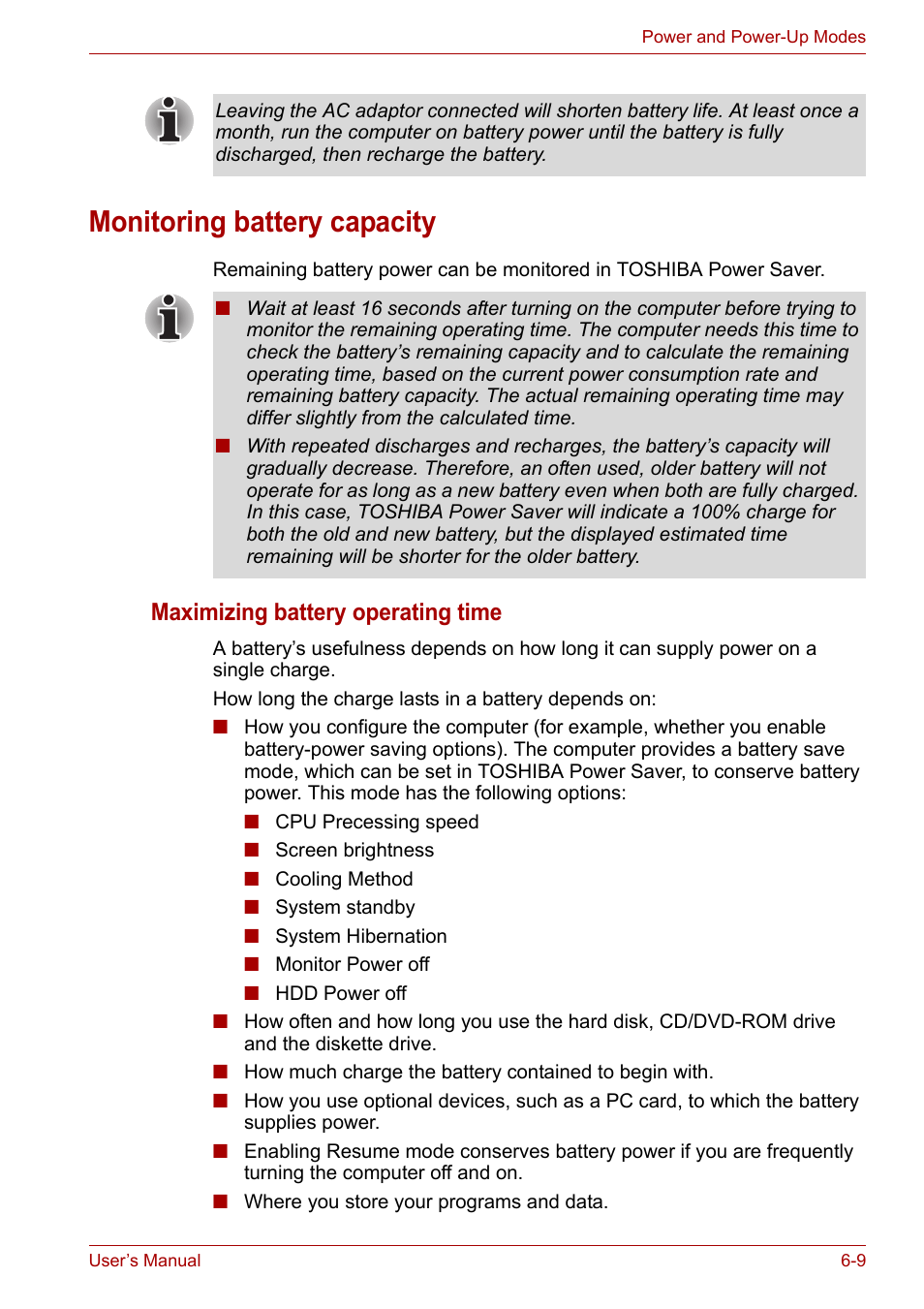 Monitoring battery capacity, Monitoring battery capacity -9, Maximizing battery operating time | Toshiba Tecra A7 User Manual | Page 101 / 186