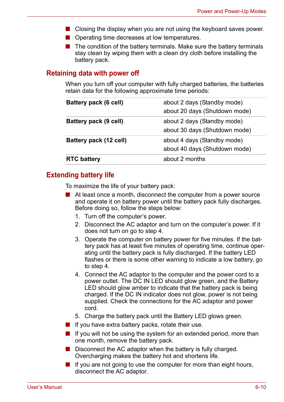 Retaining data with power off, Extending battery life | Toshiba Tecra A7 User Manual | Page 102 / 186