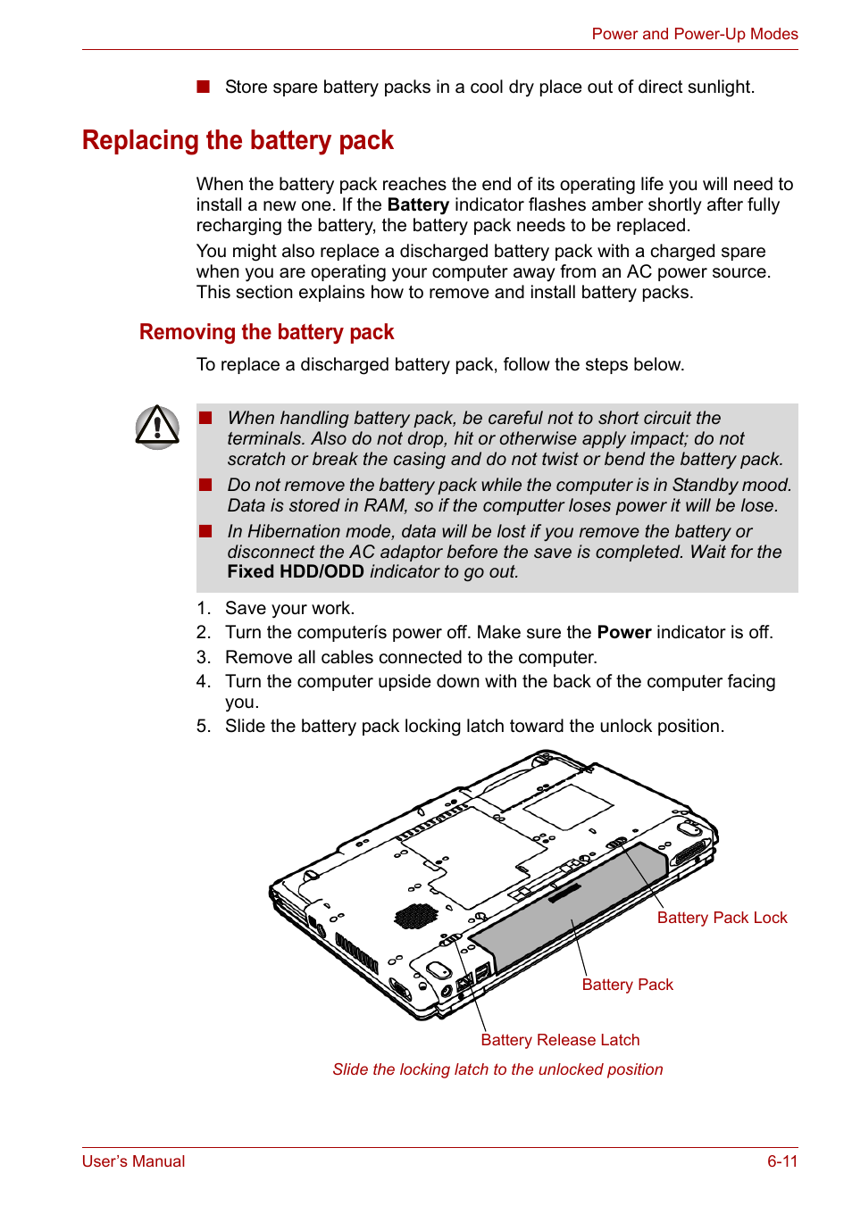 Replacing the battery pack, Replacing the battery pack -11, Removing the battery pack | Toshiba Tecra A7 User Manual | Page 103 / 186