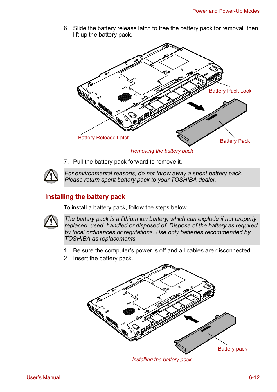 Installing the battery pack | Toshiba Tecra A7 User Manual | Page 104 / 186