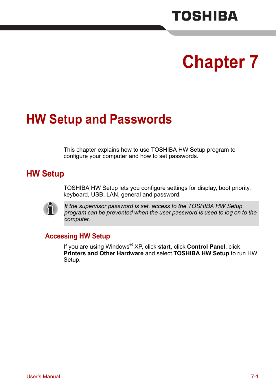 Chapter 7: hw setup and passwords, Hw setup, Hw setup and | Passwords, Hw setup and passwords, Chapter 7, Hw setup -1 | Toshiba Tecra A7 User Manual | Page 107 / 186