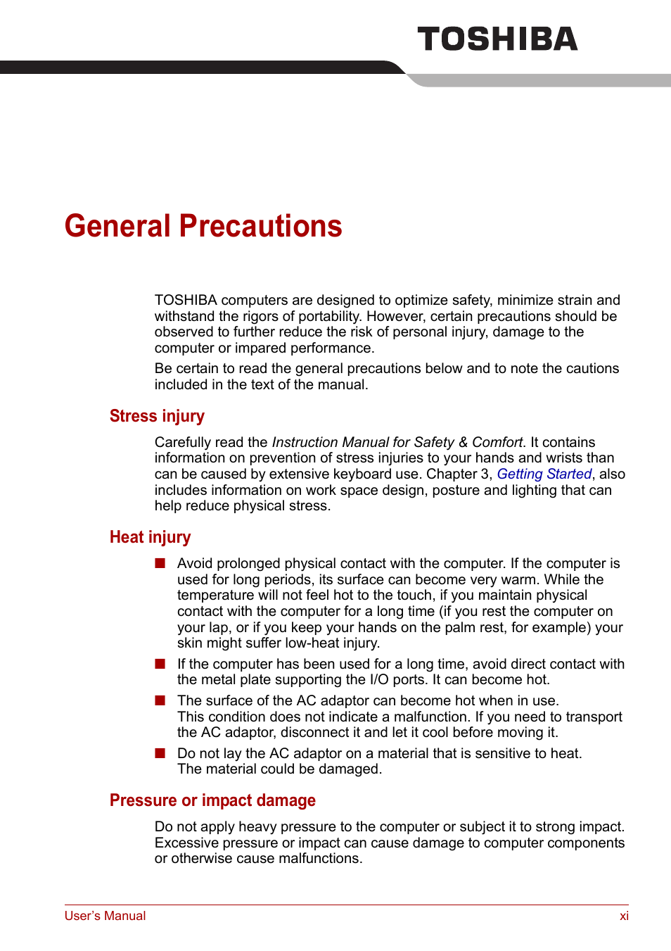 General precautions | Toshiba Tecra A7 User Manual | Page 11 / 186