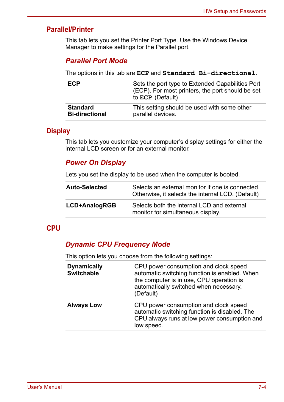 Parallel/printer, Display | Toshiba Tecra A7 User Manual | Page 110 / 186