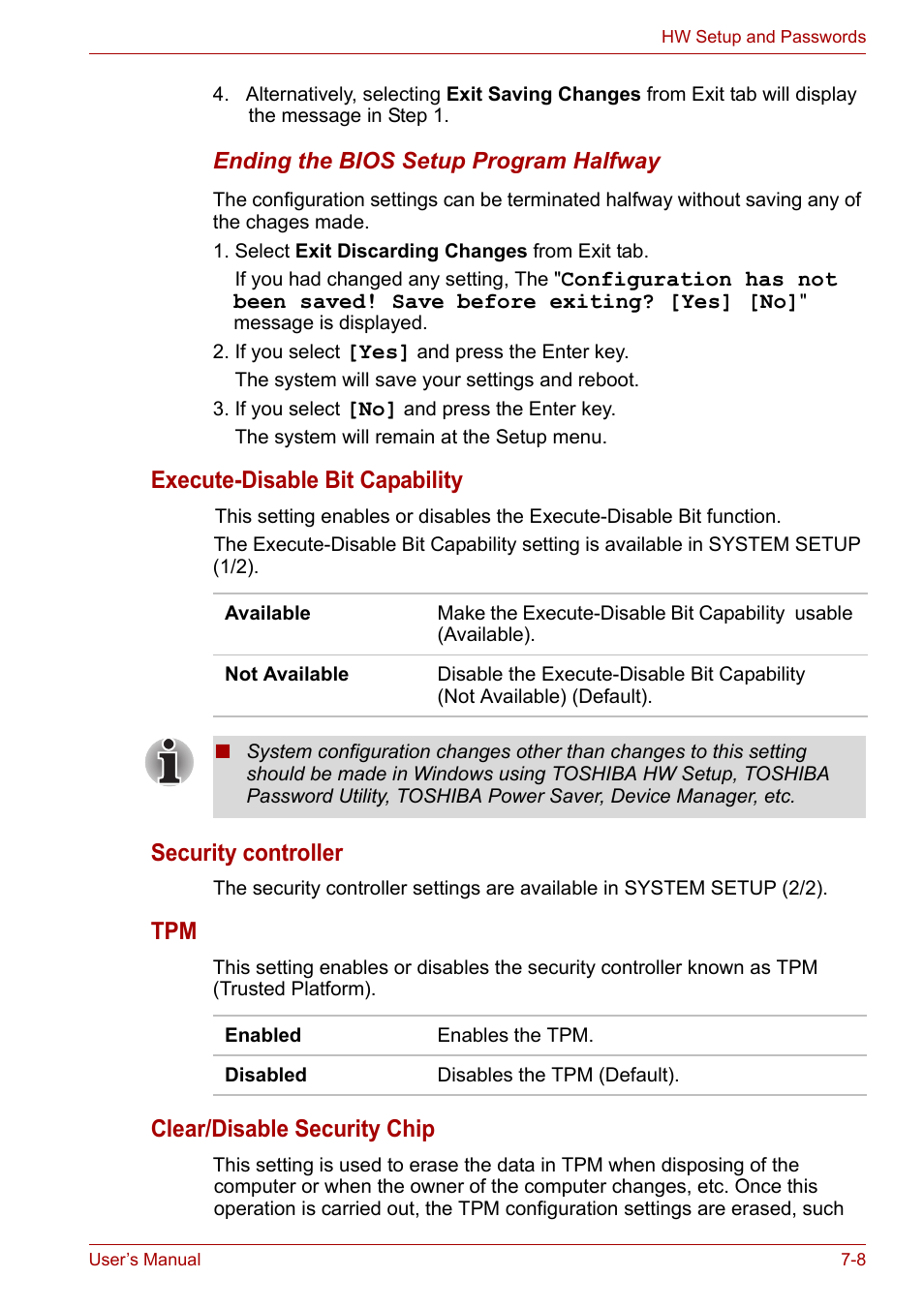 Execute-disable bit capability, Security controller, Clear/disable security chip | Toshiba Tecra A7 User Manual | Page 114 / 186