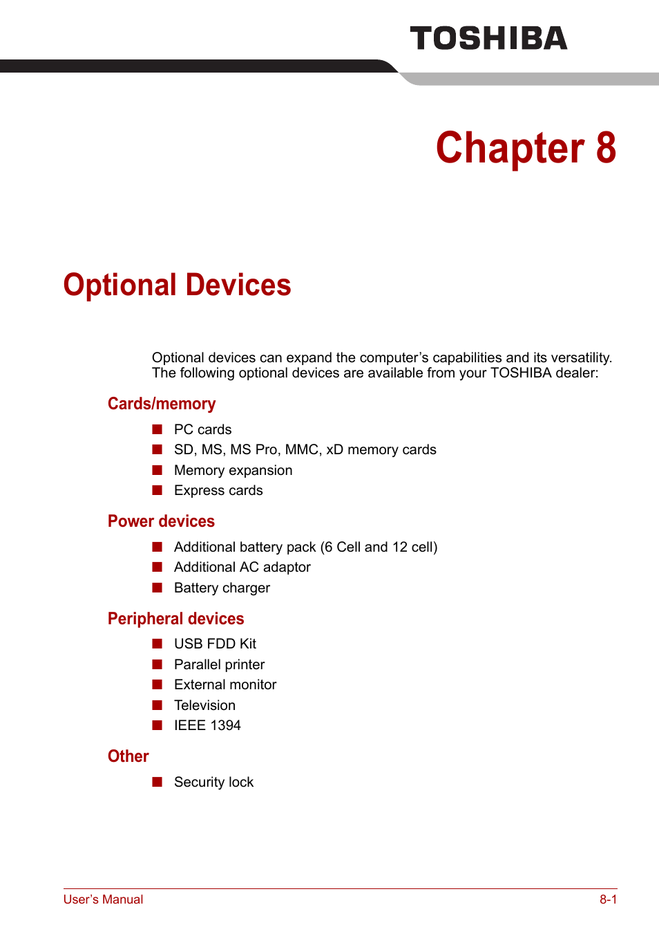 Chapter 8: optional devices, Optional devices, Chapter 8 | Toshiba Tecra A7 User Manual | Page 116 / 186