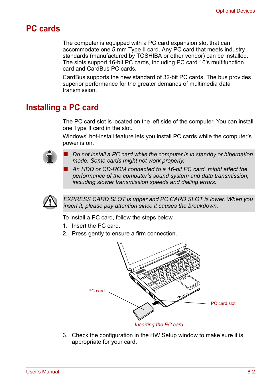 Pc cards, Installing a pc card, Pc cards -2 installing a pc card -2 | Toshiba Tecra A7 User Manual | Page 117 / 186