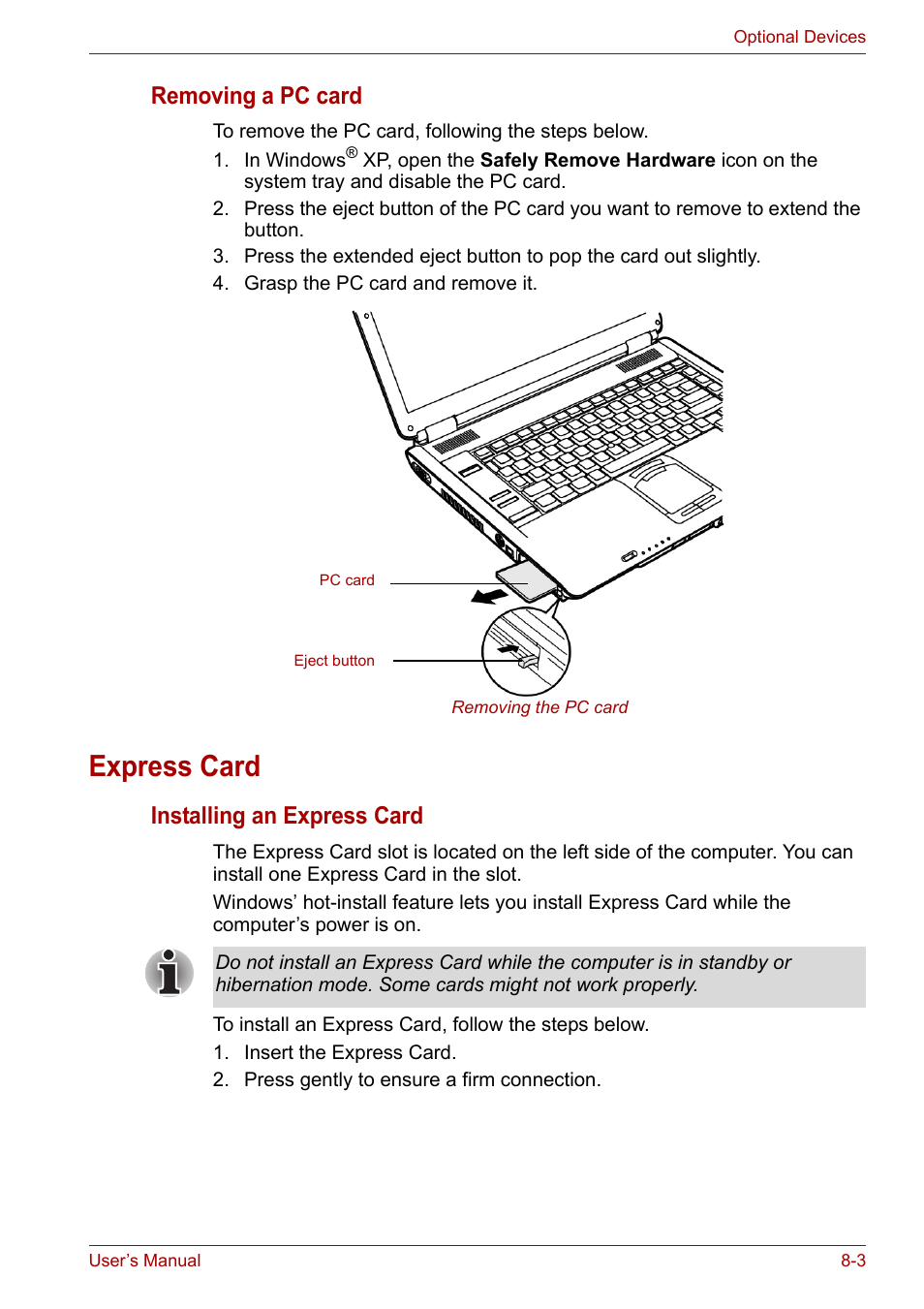 Express card, Express card -3, Removing a pc card | Installing an express card | Toshiba Tecra A7 User Manual | Page 118 / 186