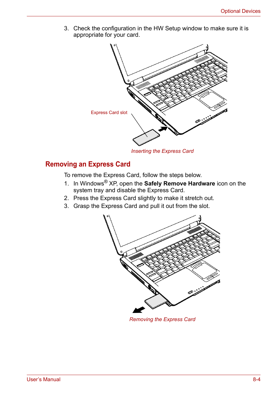 Removing an express card | Toshiba Tecra A7 User Manual | Page 119 / 186