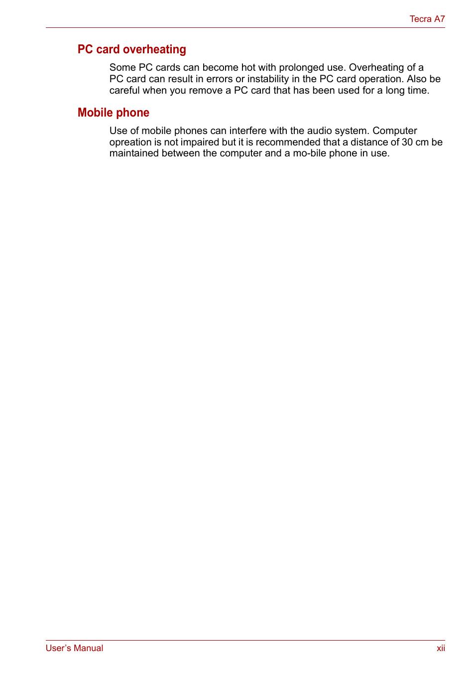 Pc card overheating, Mobile phone | Toshiba Tecra A7 User Manual | Page 12 / 186