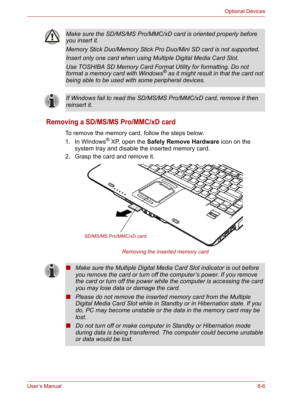 Removing a sd/ms/ms pro/mmc/xd card | Toshiba Tecra A7 User Manual | Page 121 / 186