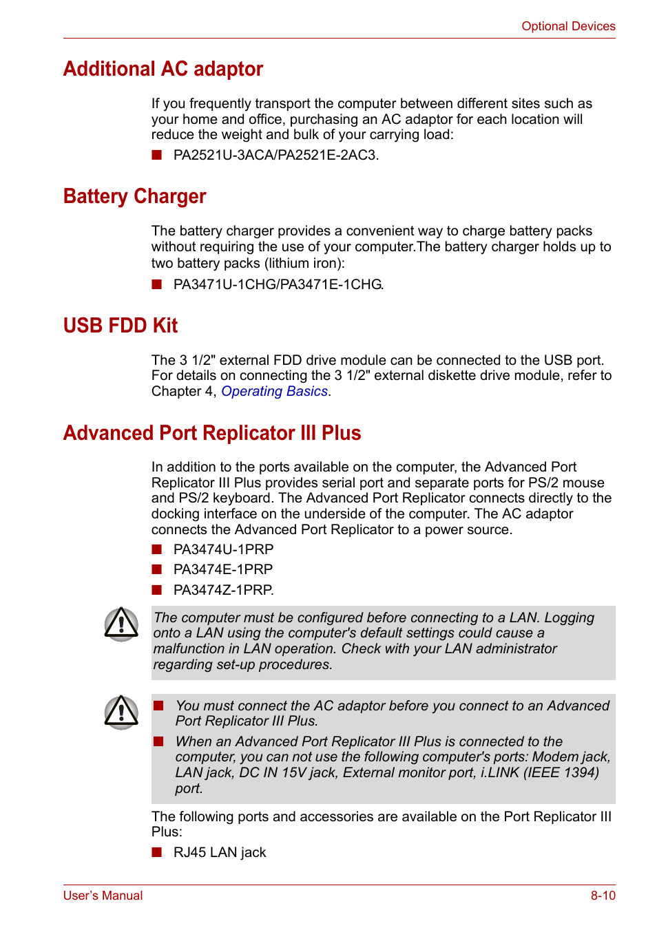 Additional ac adaptor, Battery charger, Usb fdd kit | Advanced port replicator iii plus | Toshiba Tecra A7 User Manual | Page 125 / 186