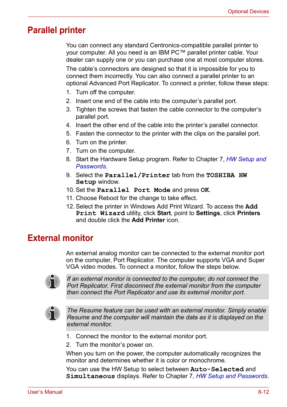 Parallel printer, External monitor, Parallel printer -12 external monitor -12 | Toshiba Tecra A7 User Manual | Page 127 / 186