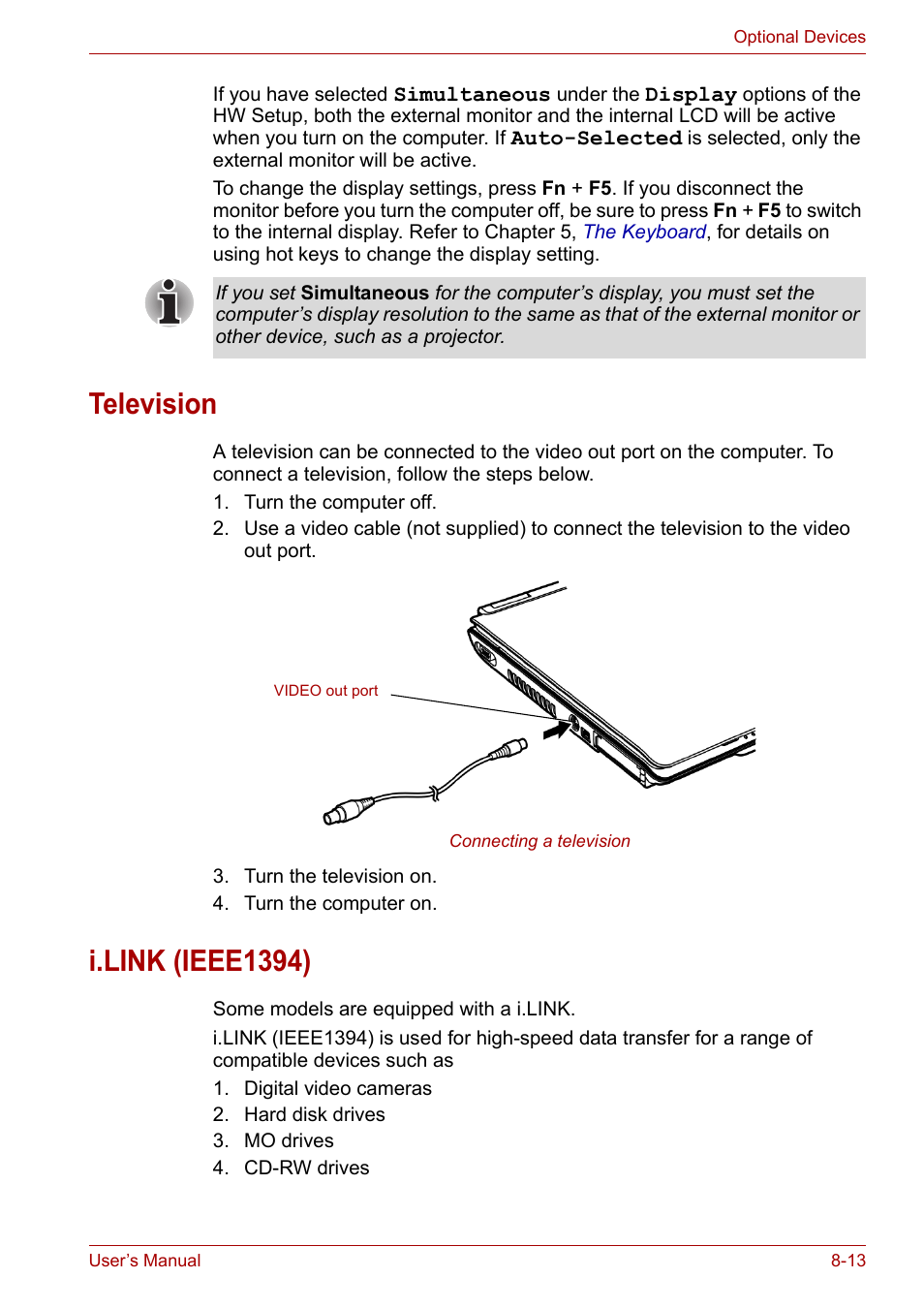 Television, I.link (ieee1394), Television -13 i.link (ieee1394) -13 | Section | Toshiba Tecra A7 User Manual | Page 128 / 186
