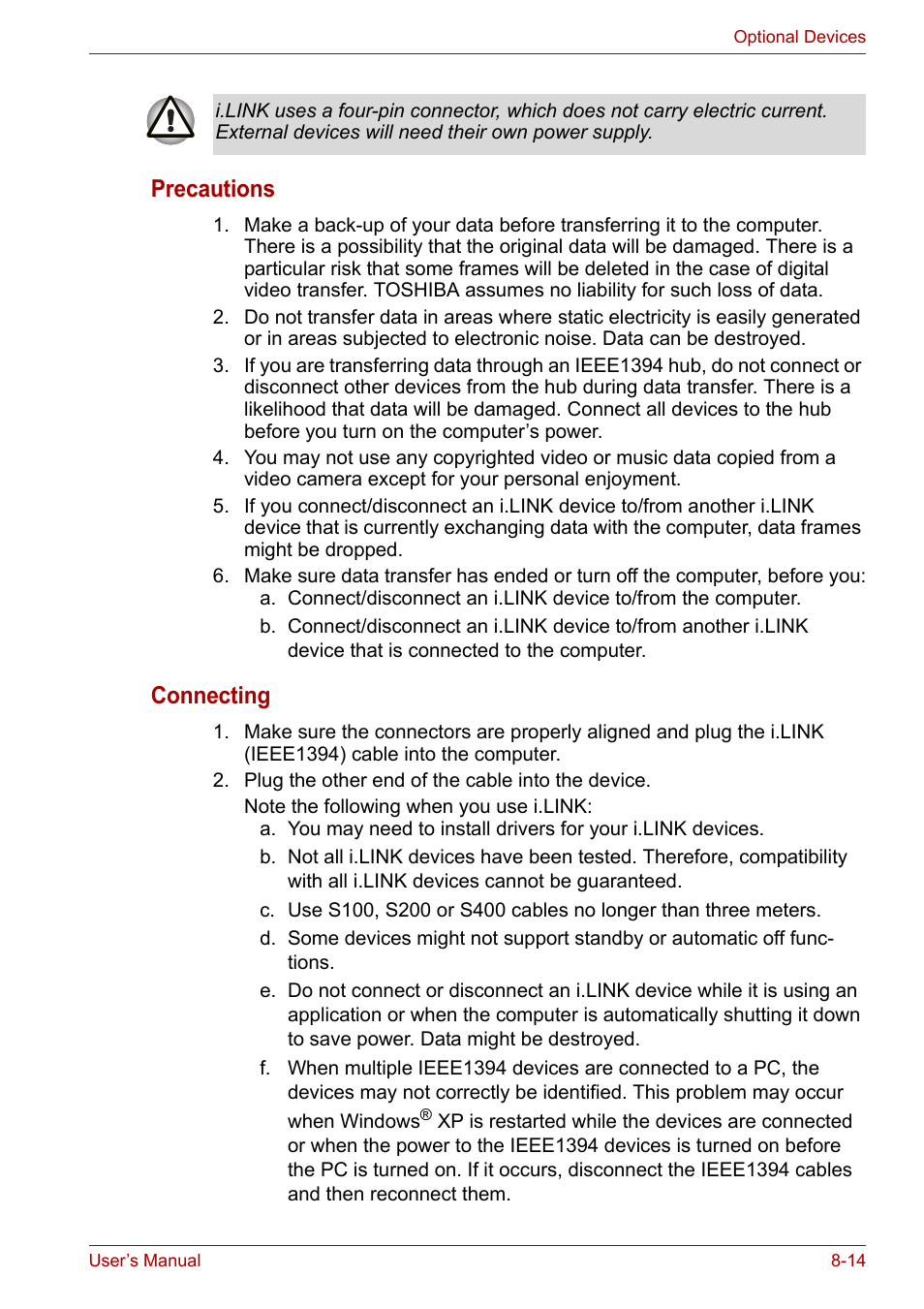 Precautions, Connecting | Toshiba Tecra A7 User Manual | Page 129 / 186