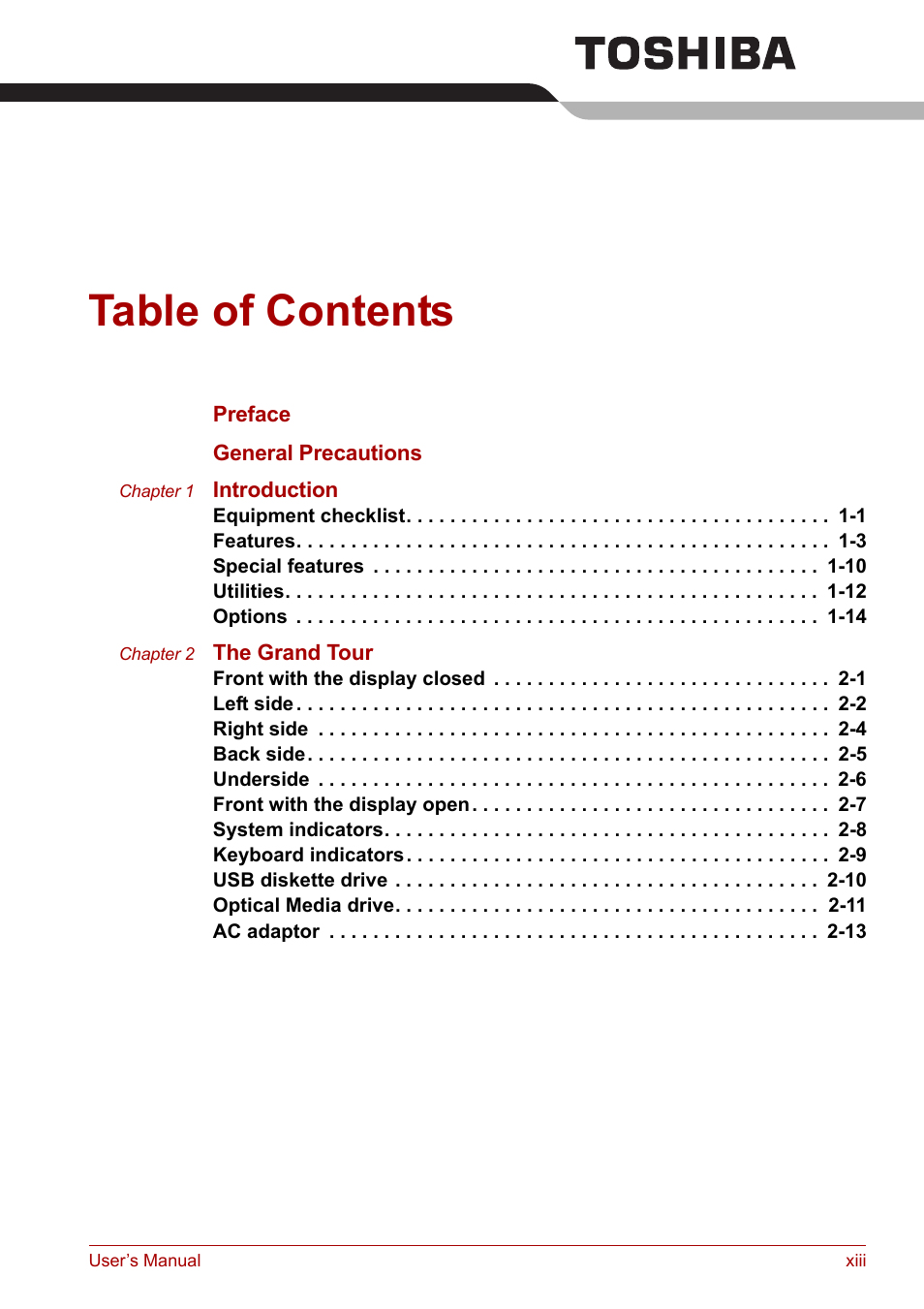 Toshiba Tecra A7 User Manual | Page 13 / 186