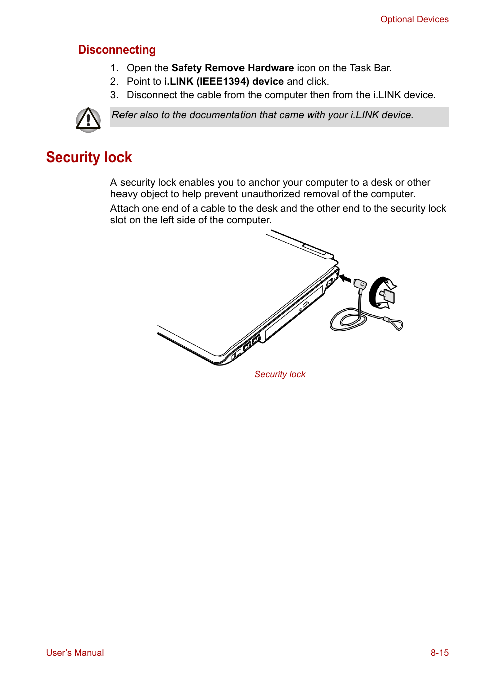 Security lock, Security lock -15, Disconnecting | Toshiba Tecra A7 User Manual | Page 130 / 186