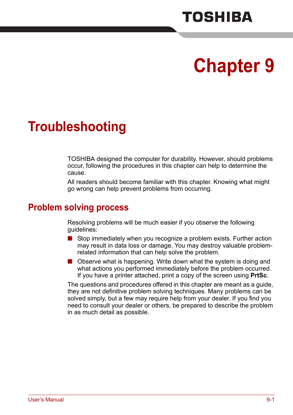 Chapter 9: troubleshooting, Problem solving process, Troubleshooting | Chapter 9, Problem solving process -1 | Toshiba Tecra A7 User Manual | Page 131 / 186