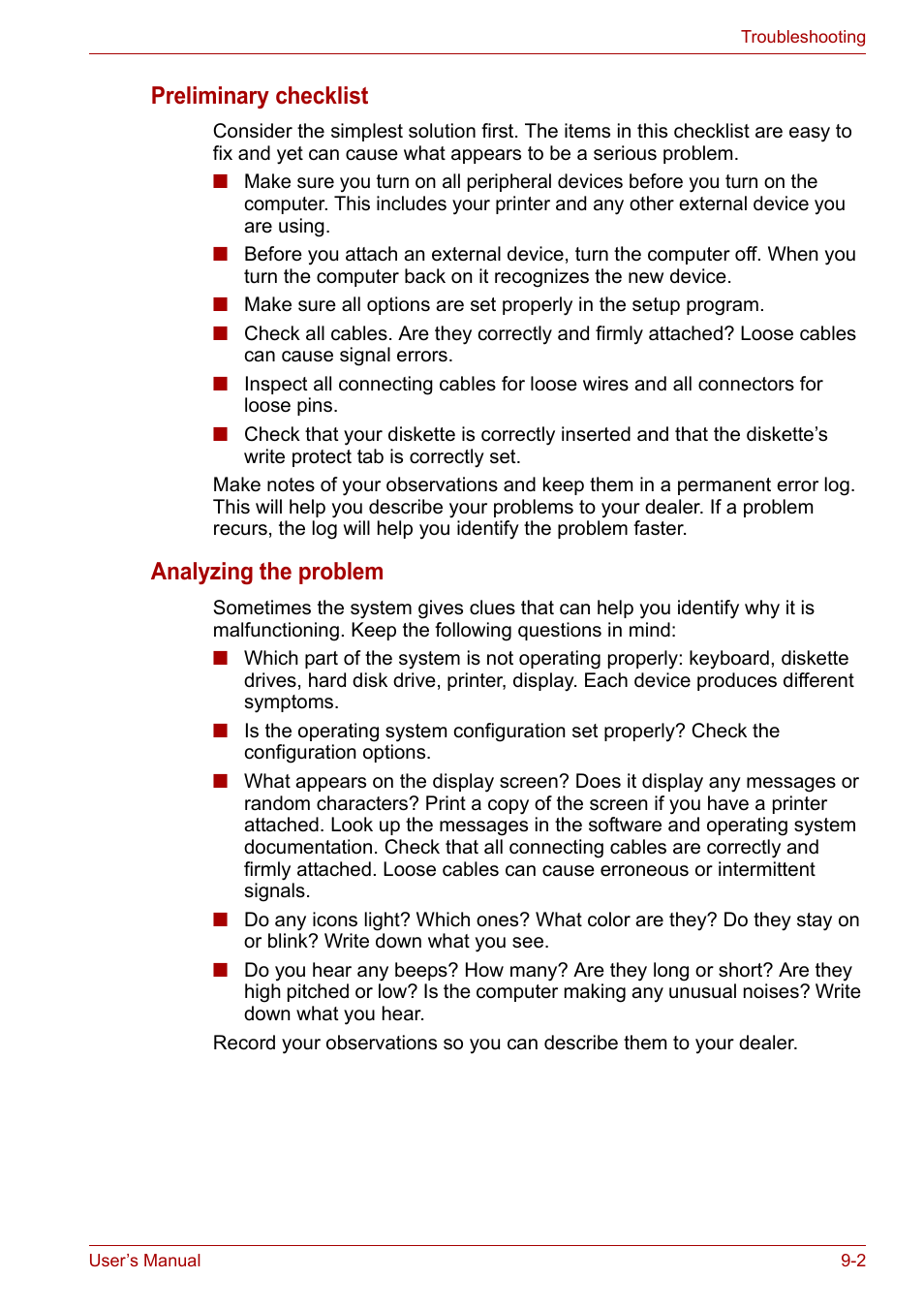 Preliminary checklist, Analyzing the problem | Toshiba Tecra A7 User Manual | Page 132 / 186