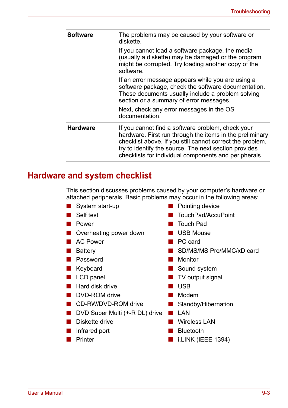 Hardware and system checklist, Hardware and system checklist -3 | Toshiba Tecra A7 User Manual | Page 133 / 186