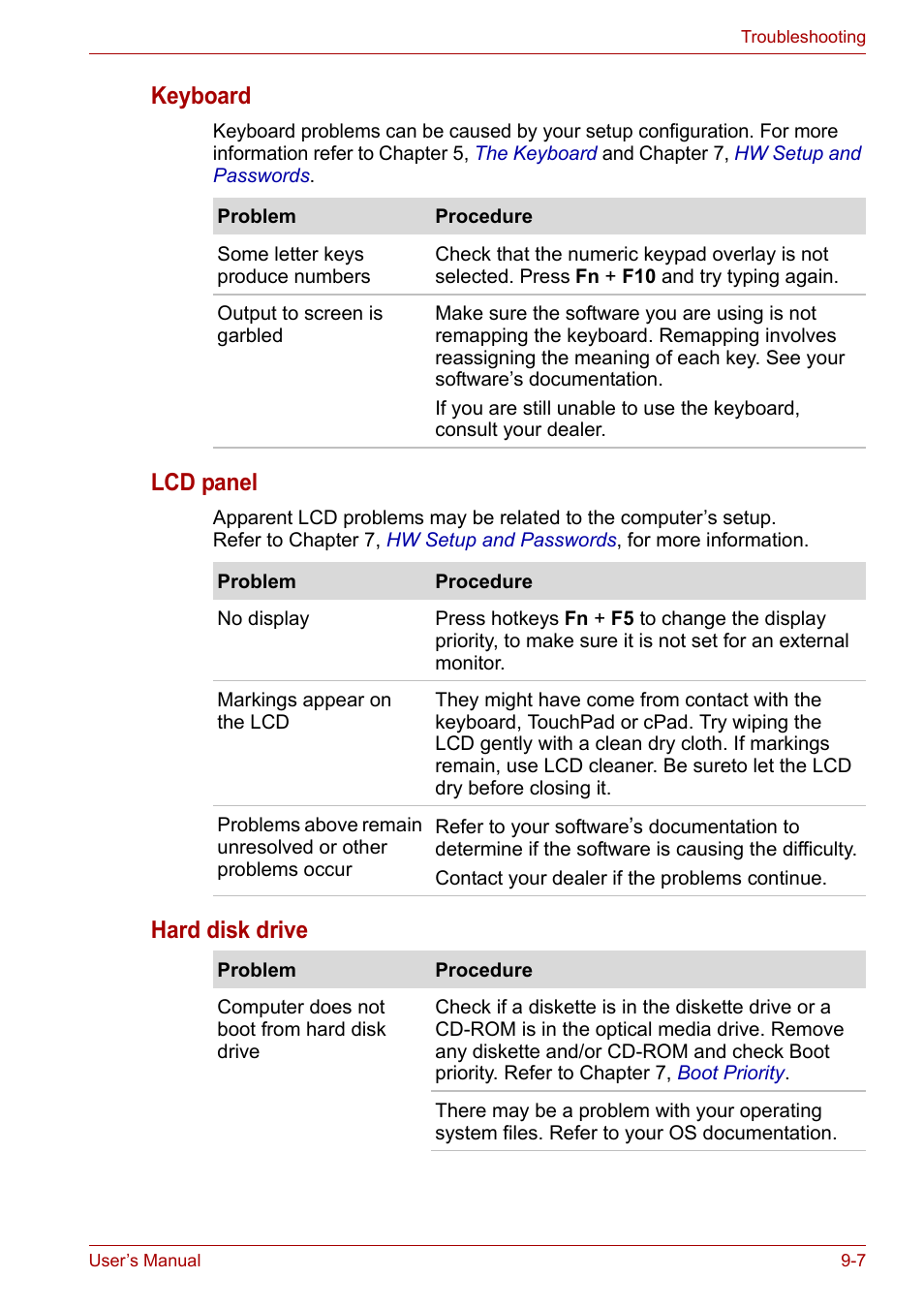 Keyboard, Lcd panel, Hard disk drive | Toshiba Tecra A7 User Manual | Page 137 / 186