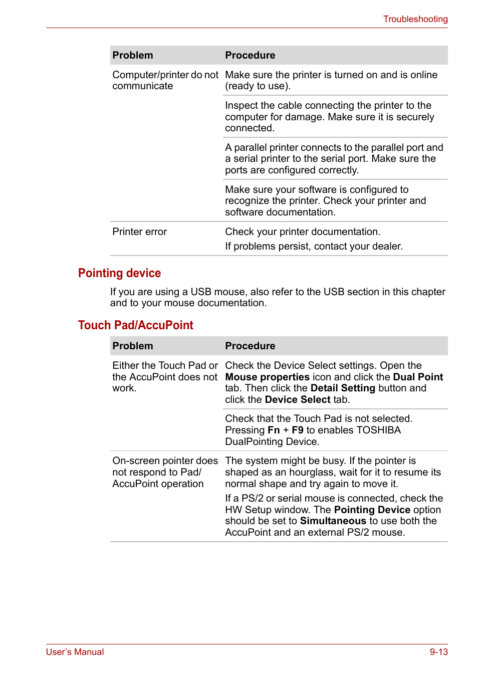 Pointing device, Touch pad/accupoint | Toshiba Tecra A7 User Manual | Page 143 / 186