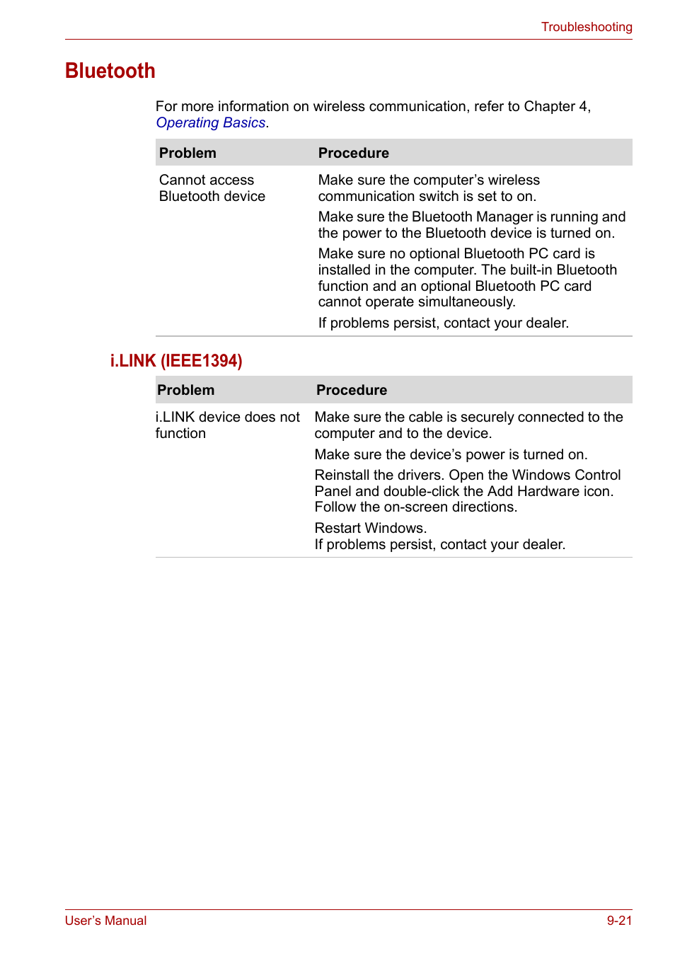 Bluetooth, Bluetooth -21, I.link (ieee1394) | Toshiba Tecra A7 User Manual | Page 151 / 186