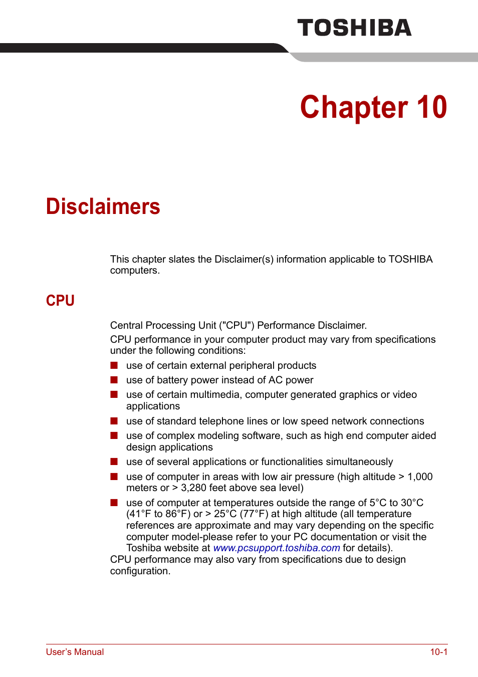 Chapter 10: disclaimers, Chapter 10, Disclaimers | Cpu -1 | Toshiba Tecra A7 User Manual | Page 153 / 186