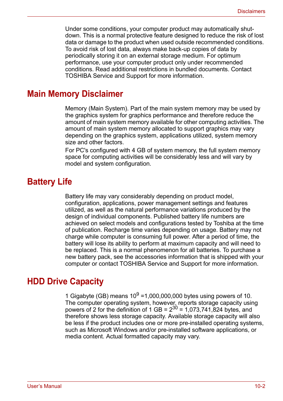 Main memory disclaimer, Battery life, Hdd drive capacity | Toshiba Tecra A7 User Manual | Page 154 / 186