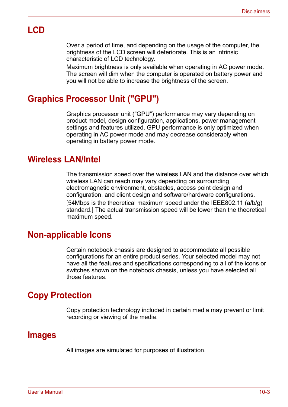 Graphics processor unit ("gpu"), Wireless lan/intel, Non-applicable icons | Copy protection, Images | Toshiba Tecra A7 User Manual | Page 155 / 186