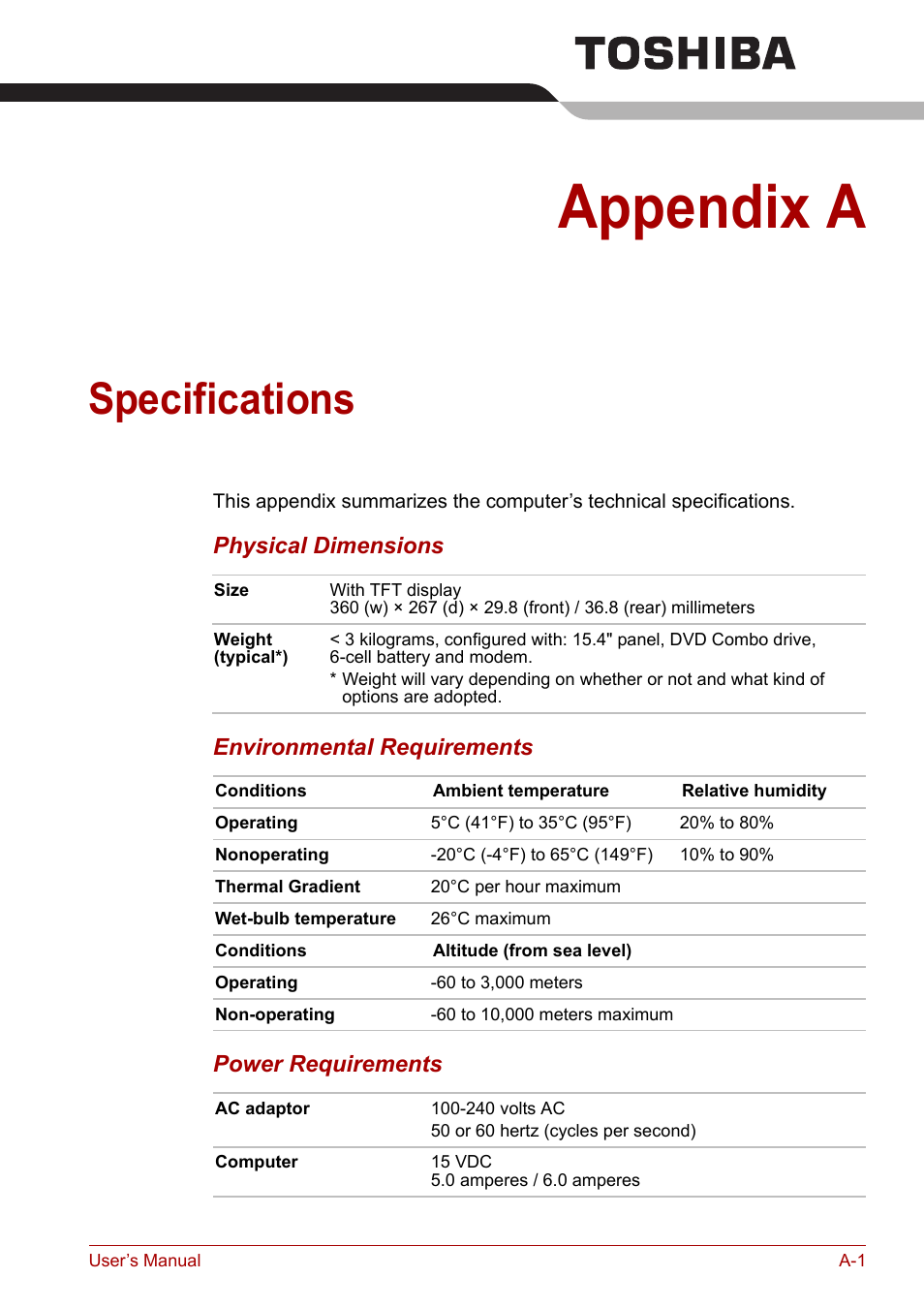 Appendix a: specifications, Appendix a, Specifications | Toshiba Tecra A7 User Manual | Page 157 / 186