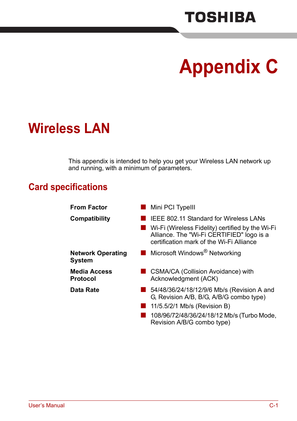 Appendix c: wireless lan, Card specifications, Appendix c | Wireless lan | Toshiba Tecra A7 User Manual | Page 161 / 186