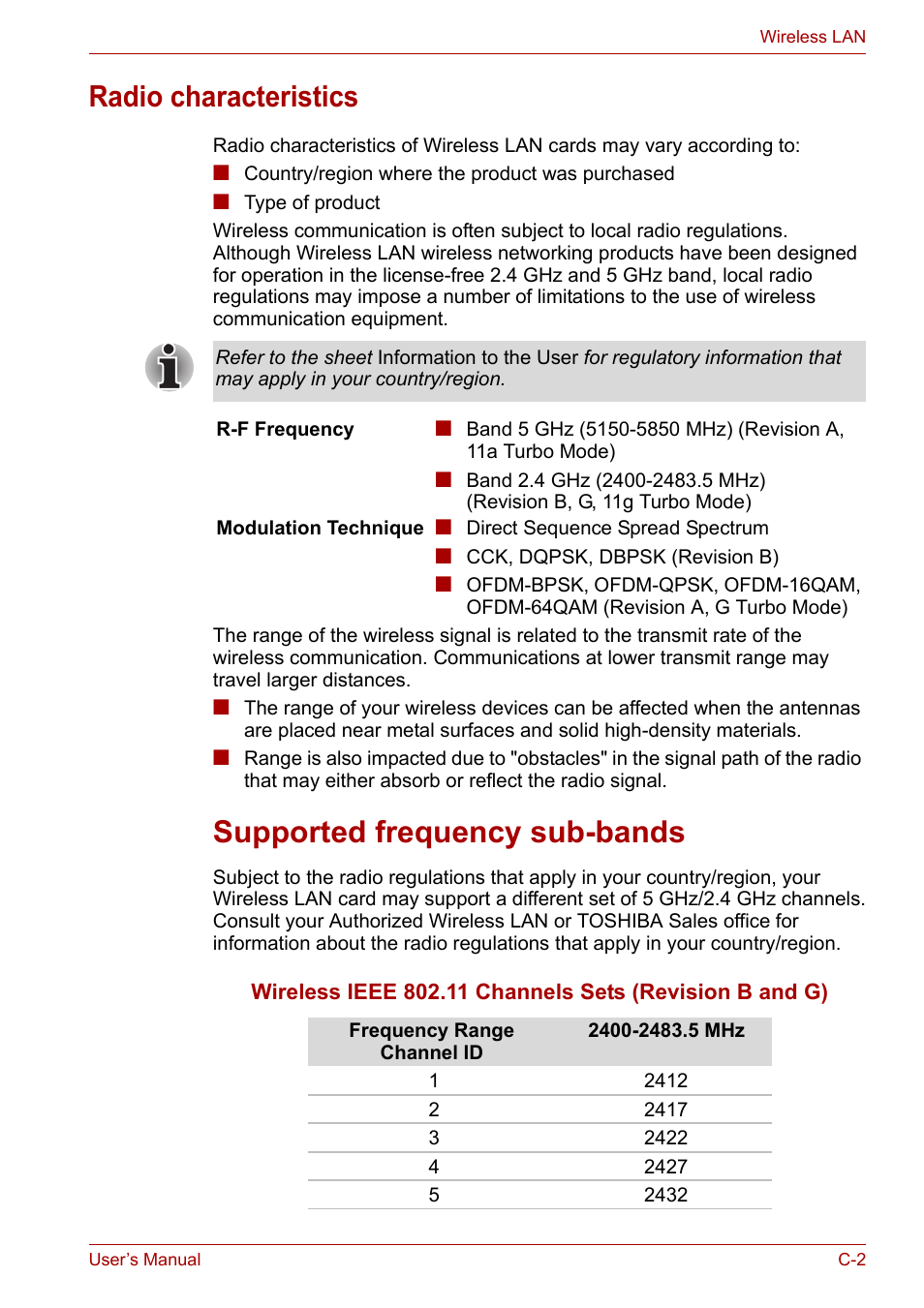 Radio characteristics, Supported frequency sub-bands | Toshiba Tecra A7 User Manual | Page 162 / 186
