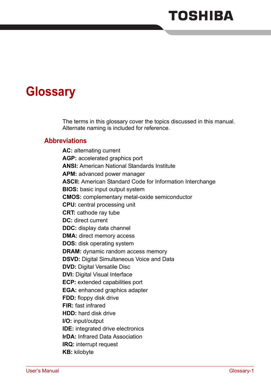 Glossary | Toshiba Tecra A7 User Manual | Page 169 / 186