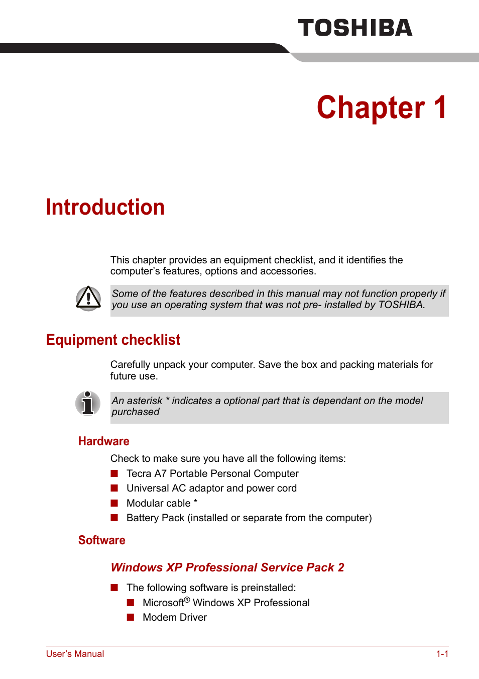 Chapter 1: introduction, Equipment checklist, Introduction | Chapter 1, Equipment checklist -1 | Toshiba Tecra A7 User Manual | Page 17 / 186