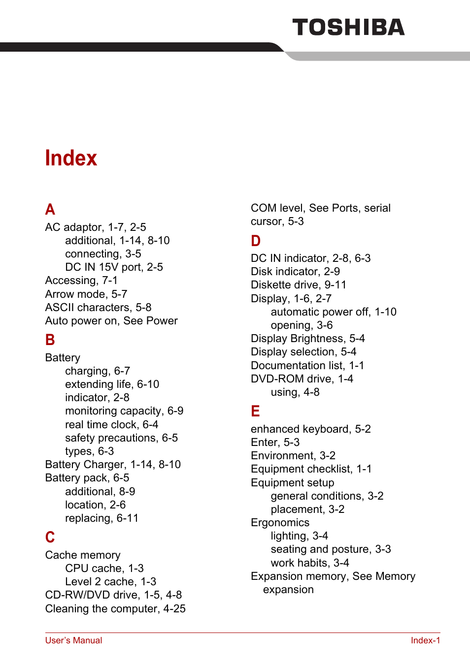 Index | Toshiba Tecra A7 User Manual | Page 183 / 186