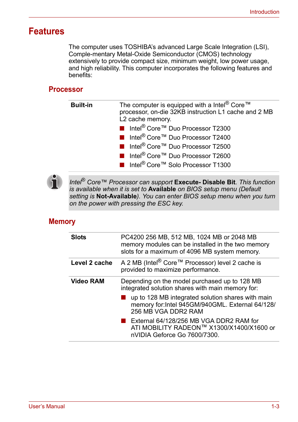 Features, Features -3 | Toshiba Tecra A7 User Manual | Page 19 / 186