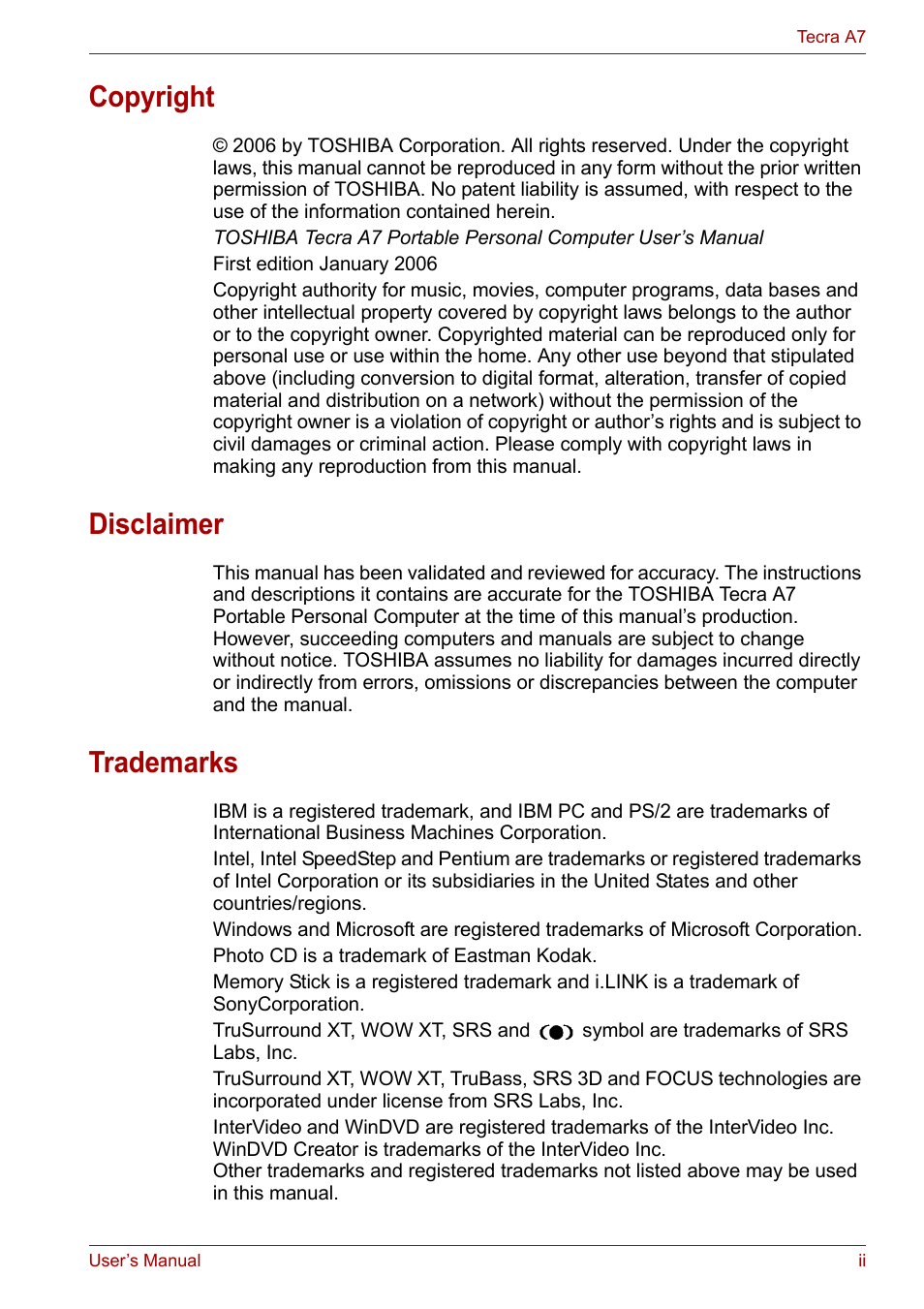 Copyright, Disclaimer, Trademarks | Toshiba Tecra A7 User Manual | Page 2 / 186