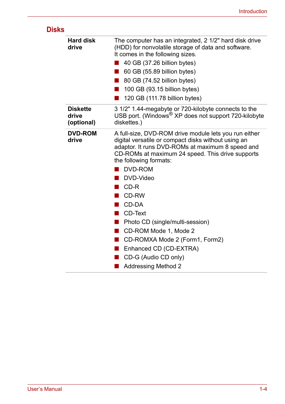 Disks | Toshiba Tecra A7 User Manual | Page 20 / 186