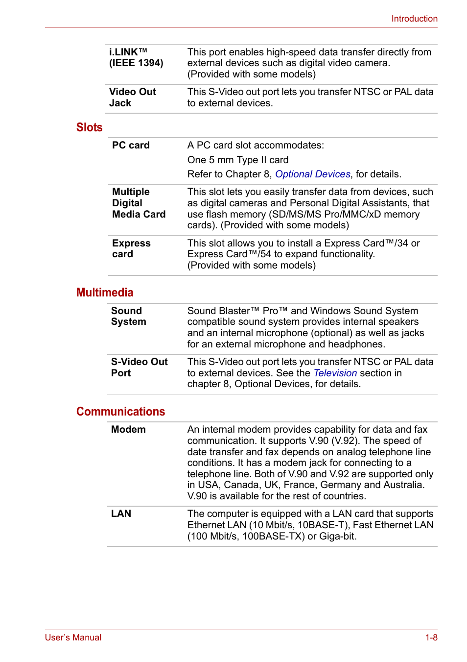 Slots multimedia communications | Toshiba Tecra A7 User Manual | Page 24 / 186