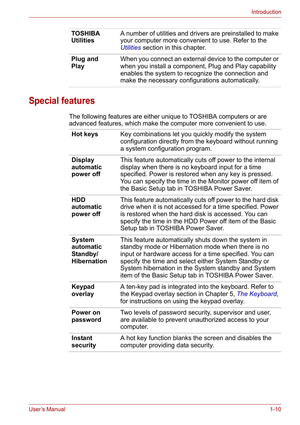Special features, Special, Features | Section of the, Special features -10 | Toshiba Tecra A7 User Manual | Page 26 / 186