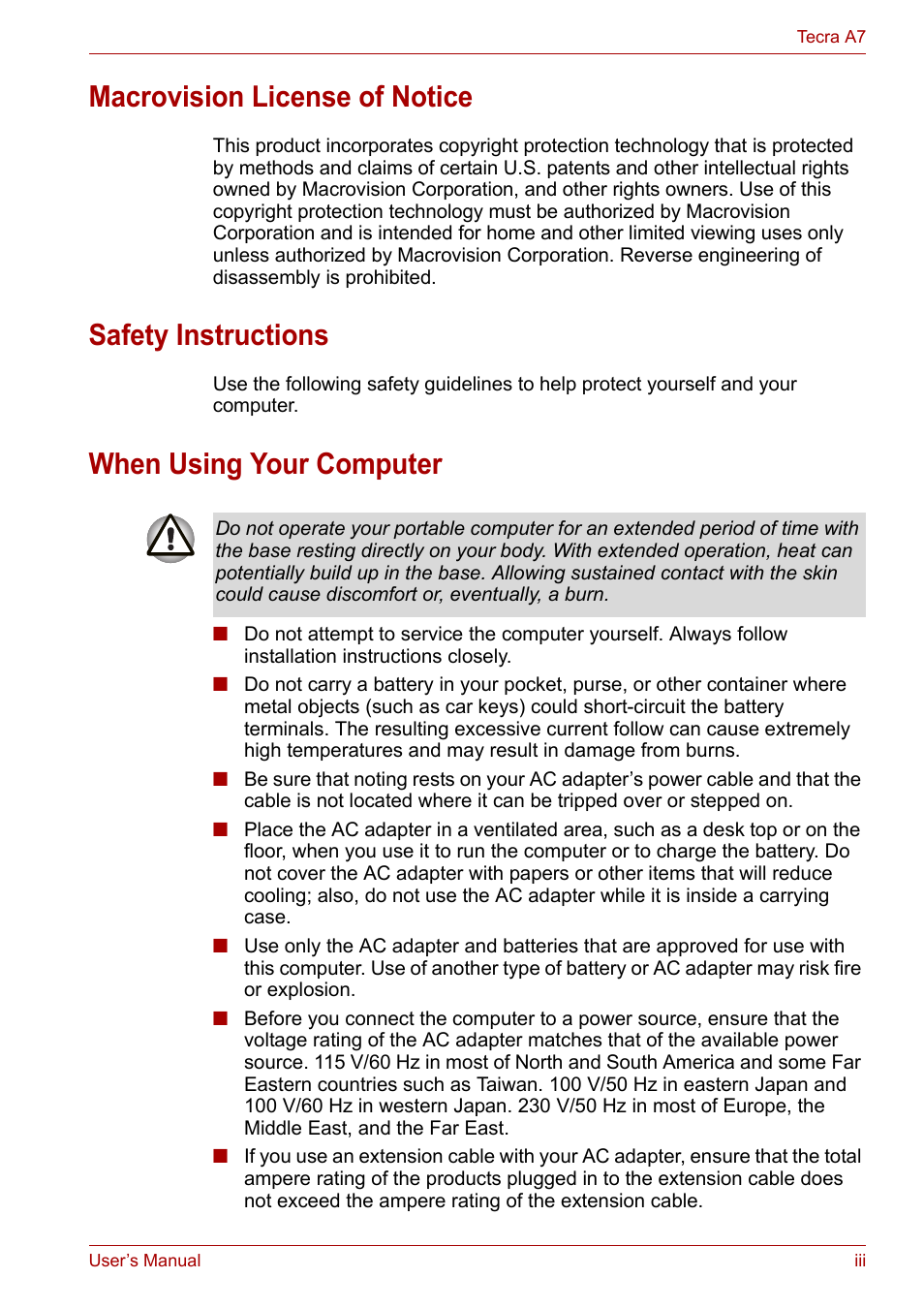 Macrovision license of notice, Safety instructions, When using your computer | Toshiba Tecra A7 User Manual | Page 3 / 186