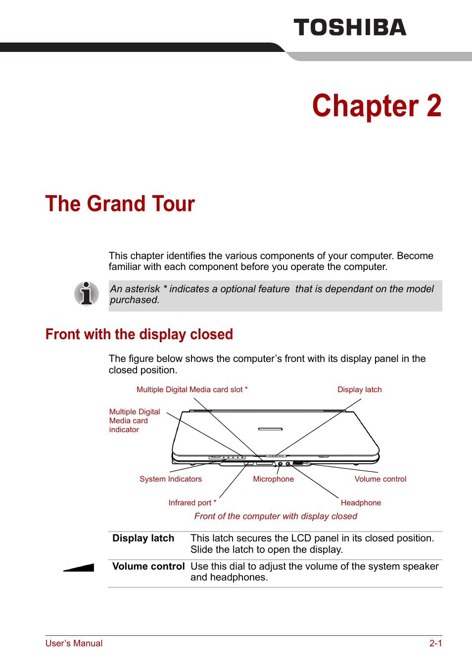 Chapter 2: the grand tour, Front with the display closed, The grand tour | Chapter 2, Front with the display closed -1 | Toshiba Tecra A7 User Manual | Page 31 / 186